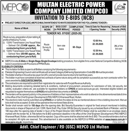 Multan Electric Power Company Limited Multan Tender Notice